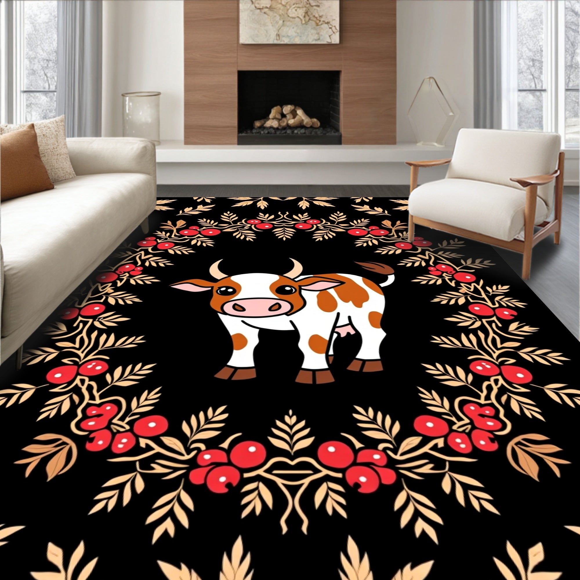 Whimsical Cow and Berry Laurel Frame Rug