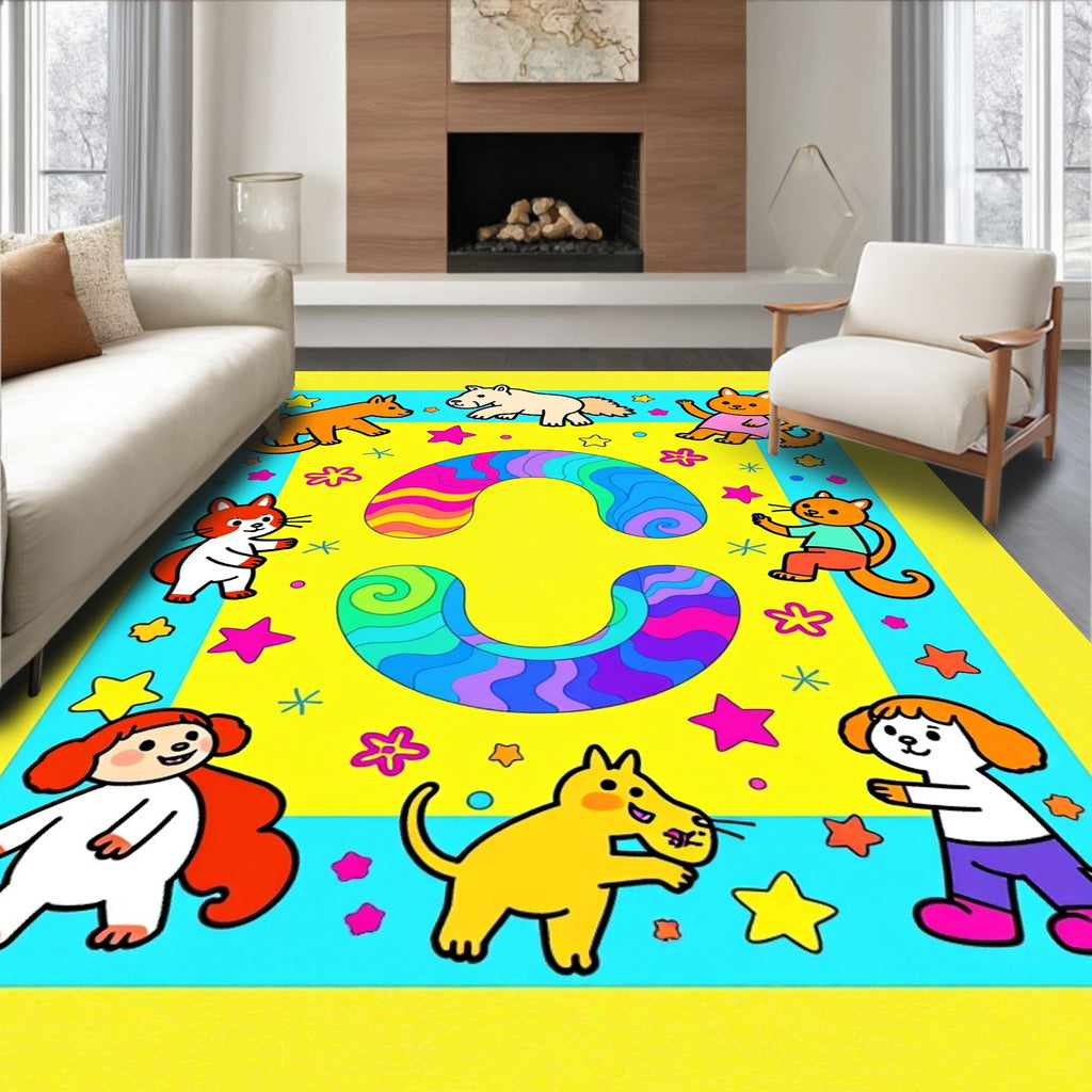 Playful Colorful Animals Stars Whimsical Swirls Rug