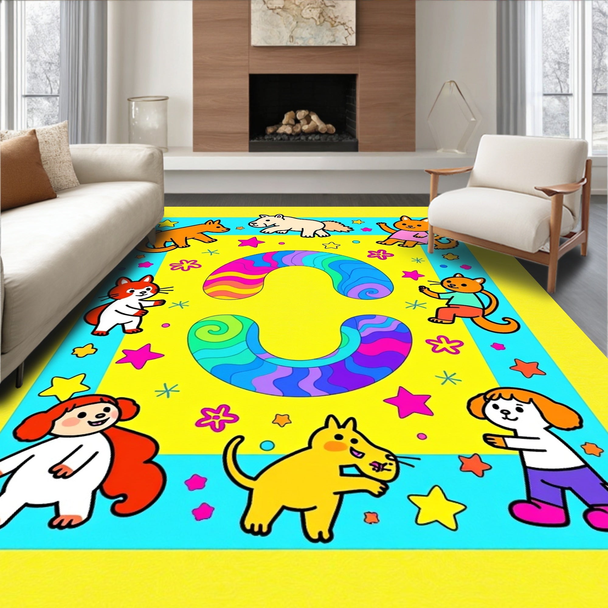 Playful Colorful Animals Stars Whimsical Swirls Rug