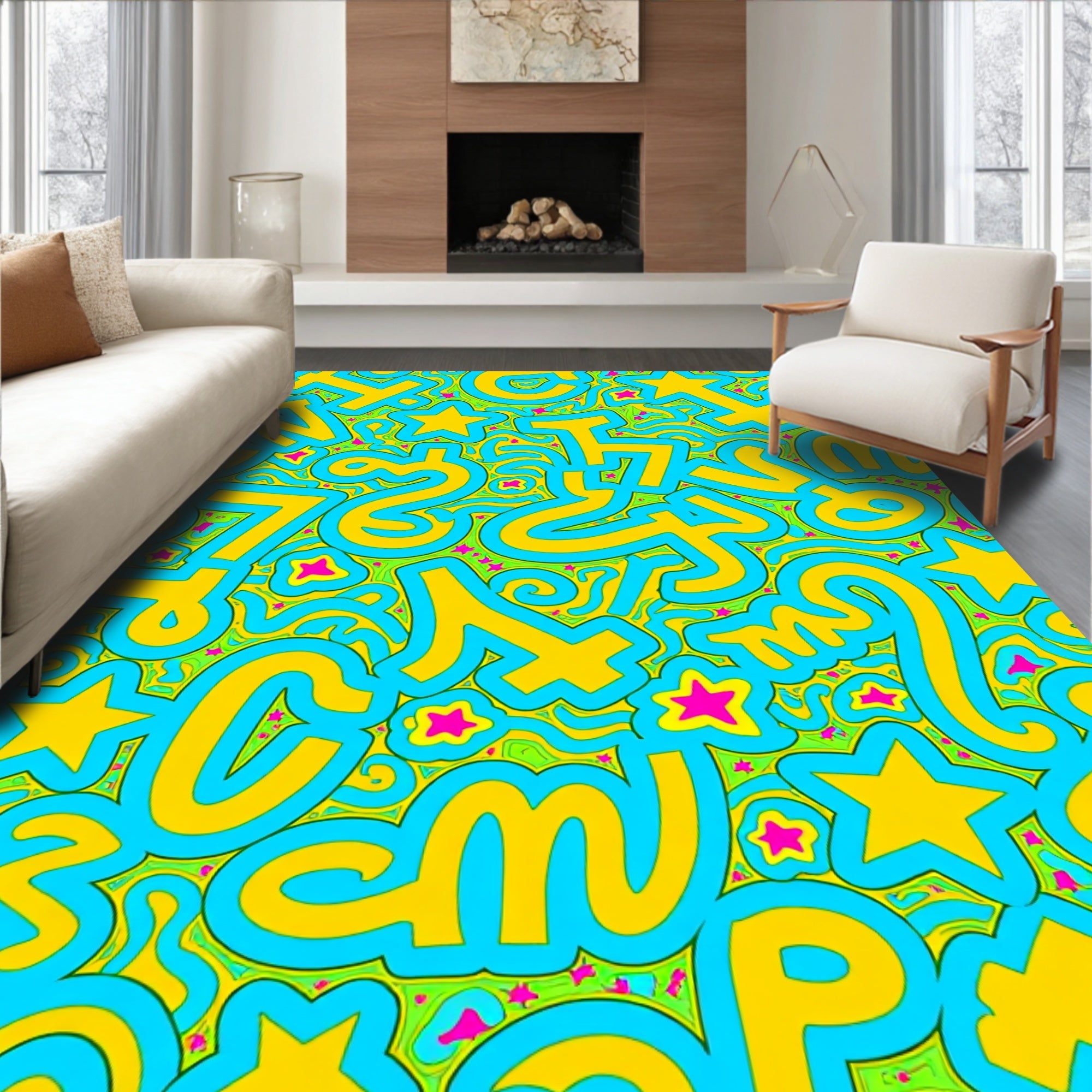 Groovy Yellow Blue Star Graffiti Rug