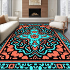 Coral Teal Floral Symmetry Rug