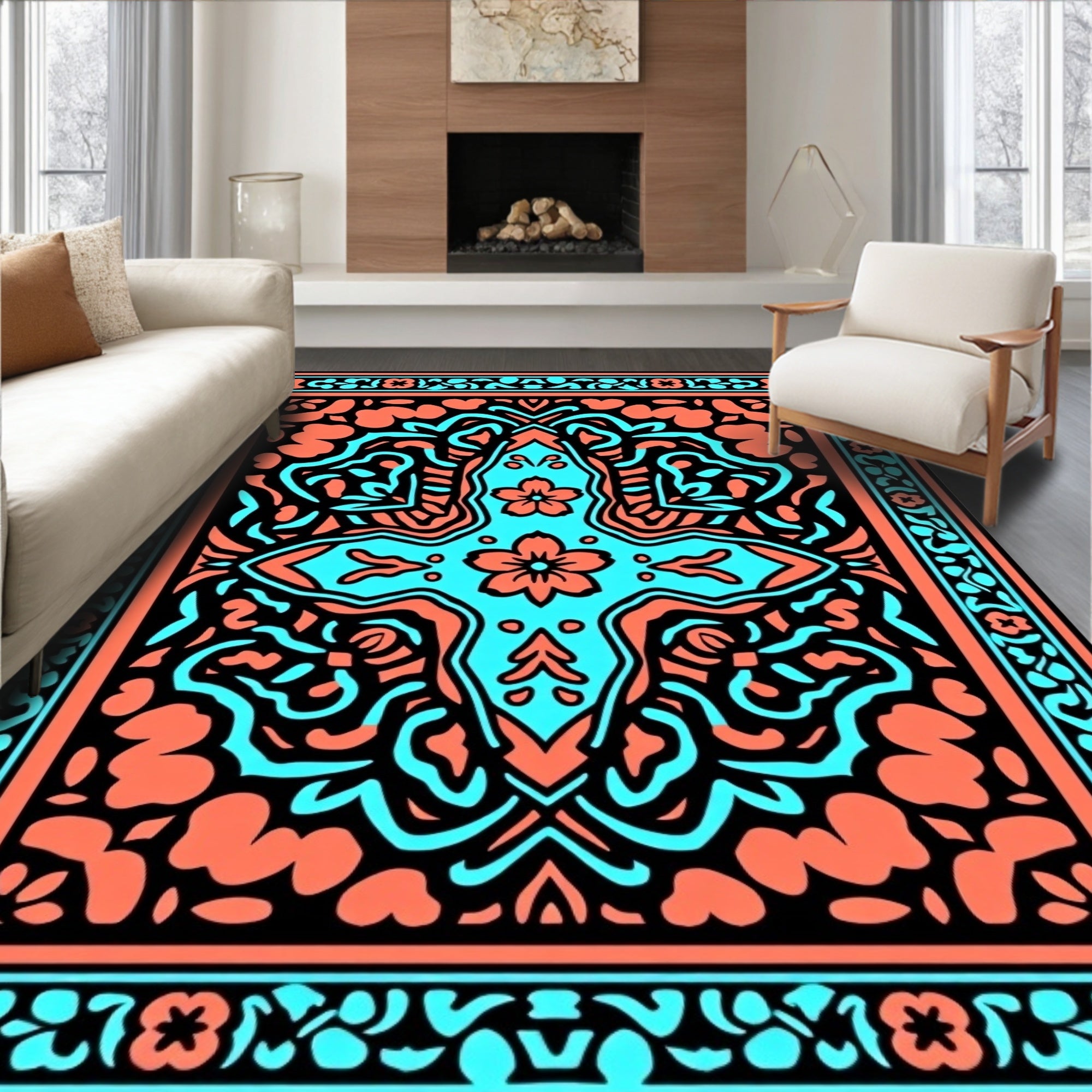 Coral Teal Floral Symmetry Rug