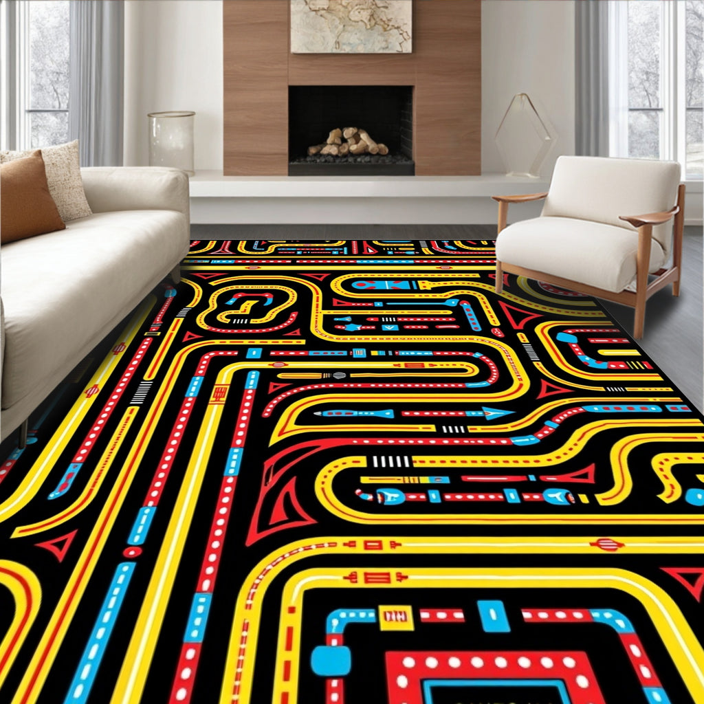 Bold Red Yellow Blue Circuit Road Rug