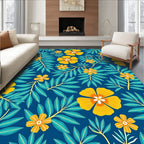 Vibrant Yellow Floral Teal Leaf Rug