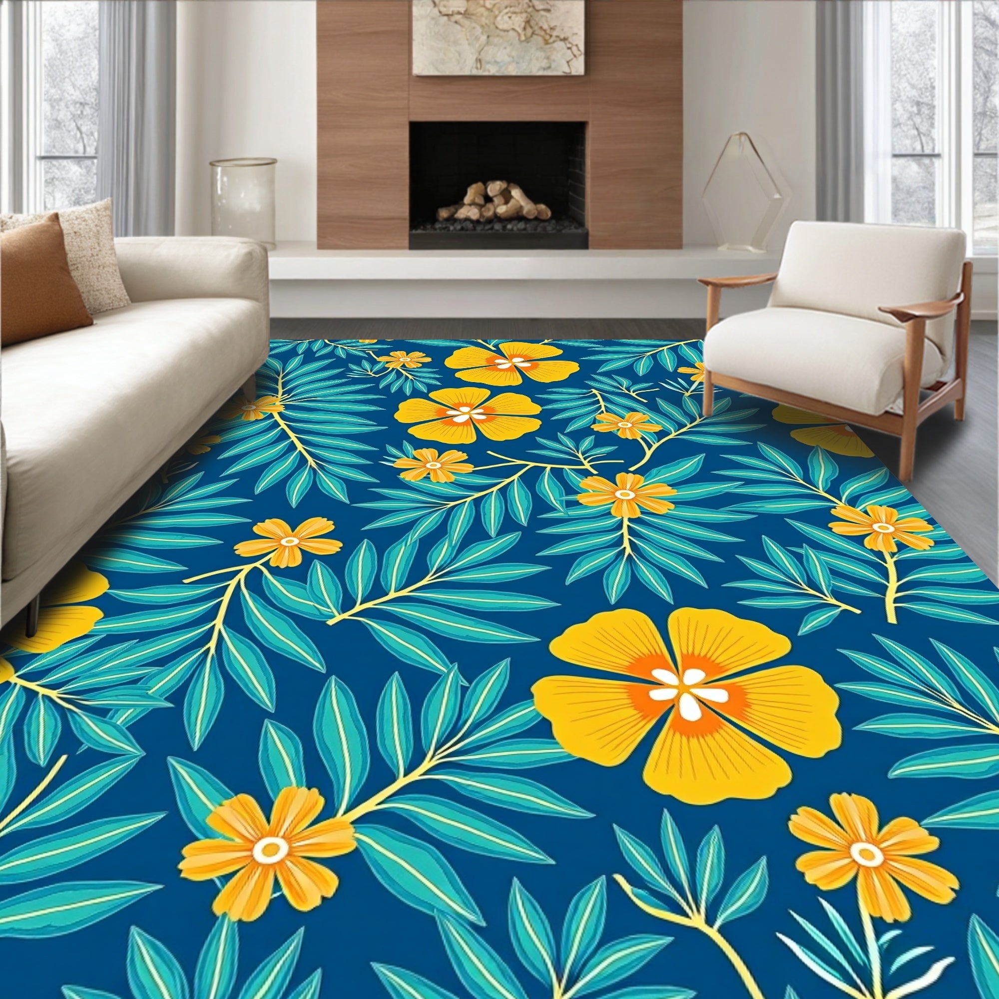 Vibrant Yellow Floral Teal Leaf Rug