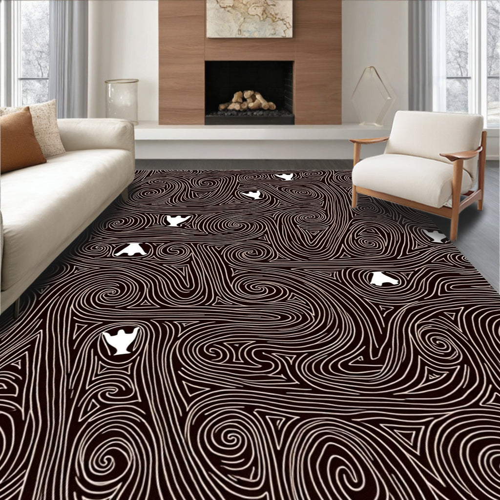 Dark Brown Swirling White Figures Rug
