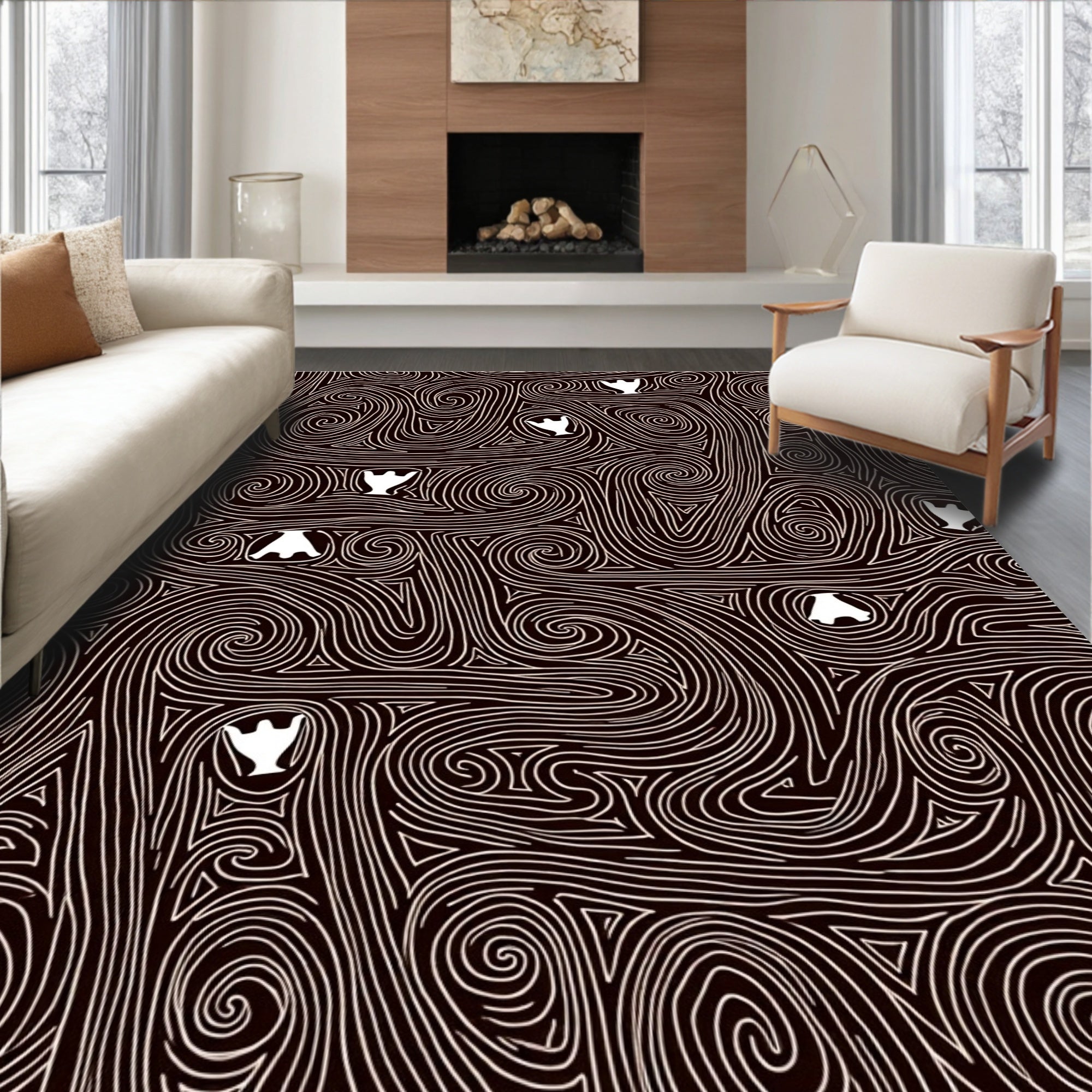 Dark Brown Swirling White Figures Rug