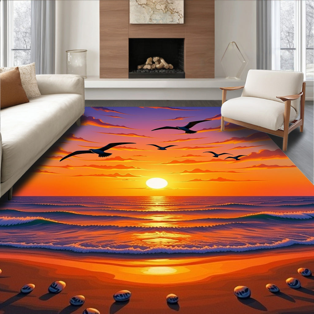 Fiery Sunset Seagulls Ocean Waves Rug