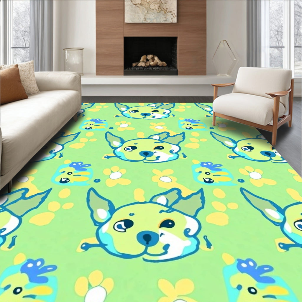Light Green Whimsical Dog Face Floral Rug
