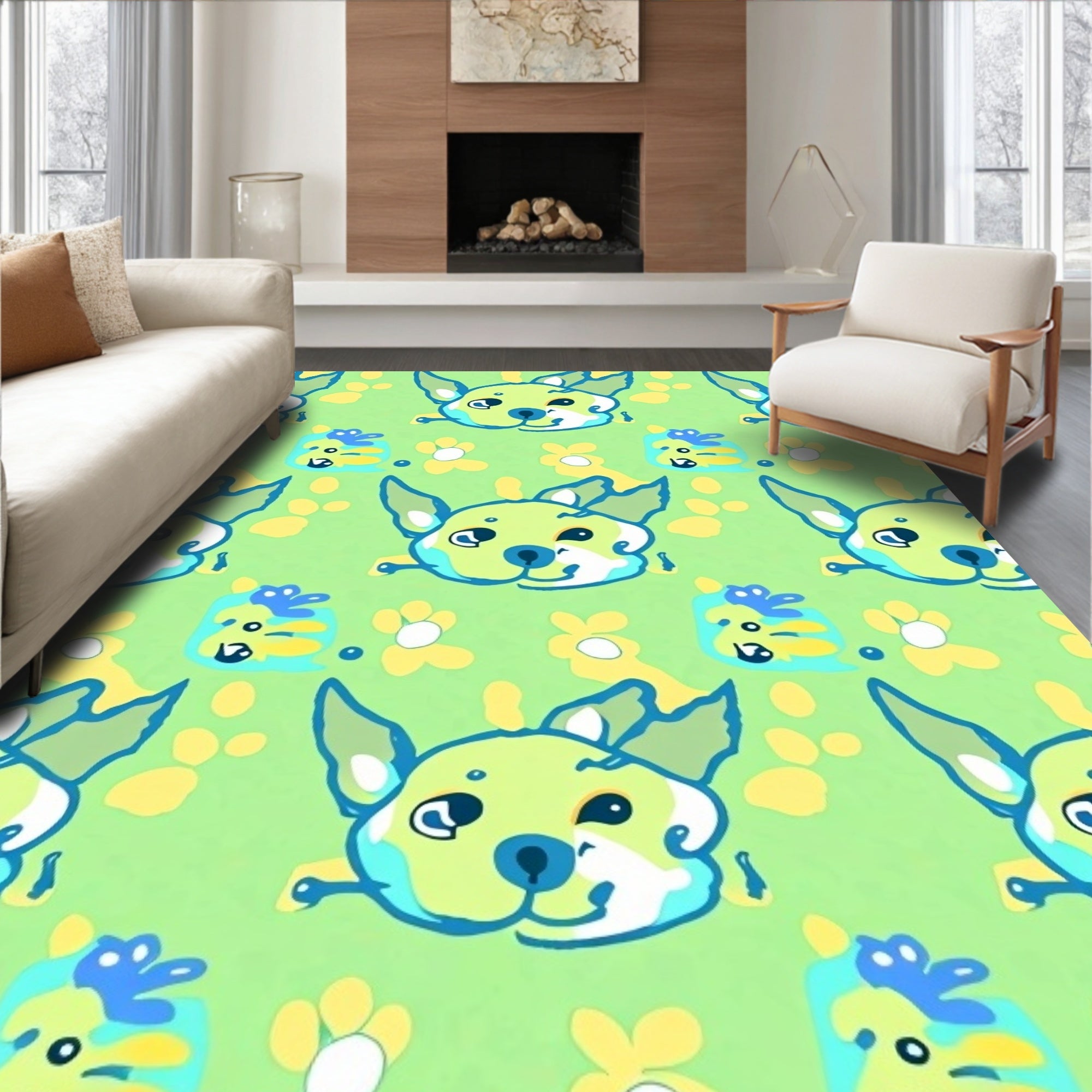 Light Green Whimsical Dog Face Floral Rug