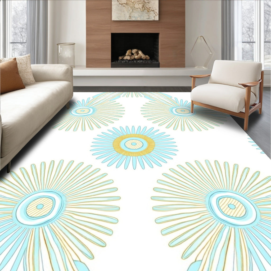 Sky Blue Yellow Sunburst Medallion Rug