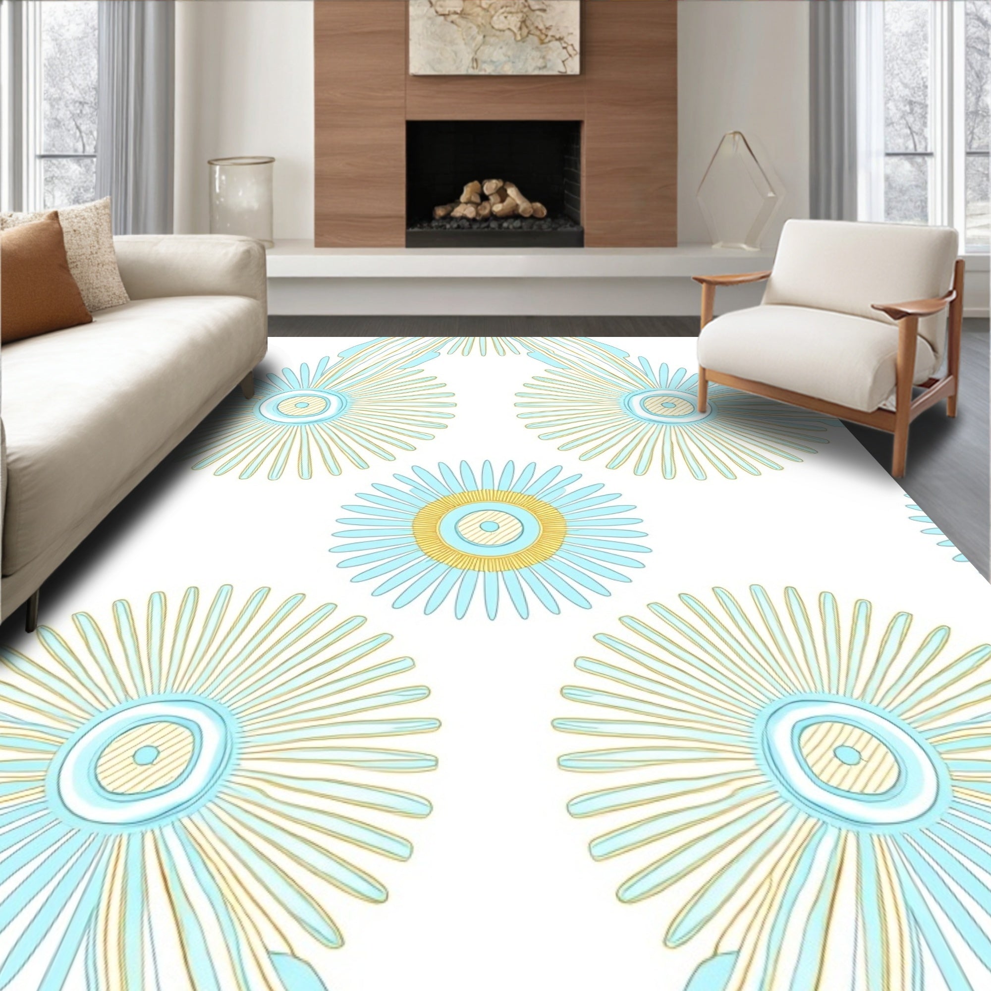 Sky Blue Yellow Sunburst Medallion Rug