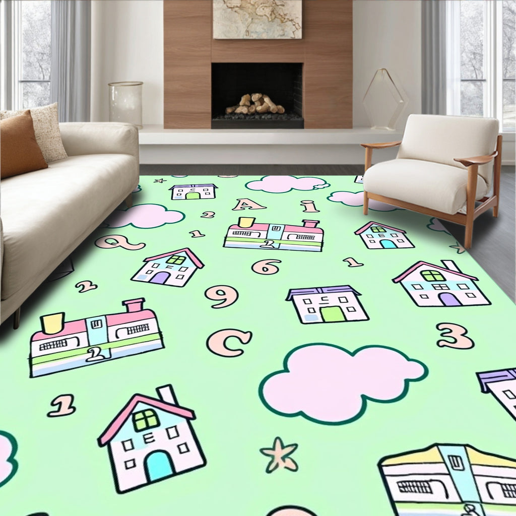 Pastel Houses and Clouds Alphabet Numbers Rug