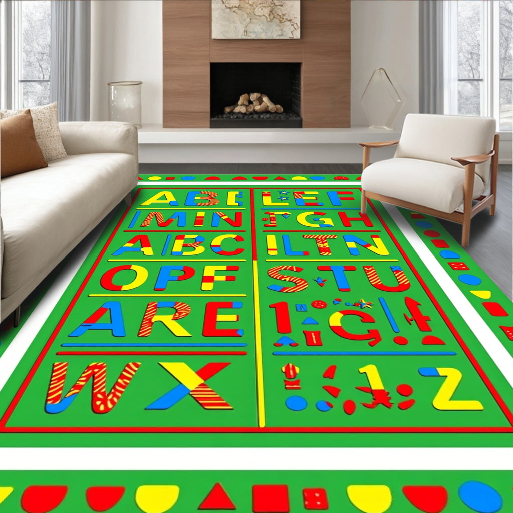 Bold Alphabets Green Border Geometric Shapes Rug