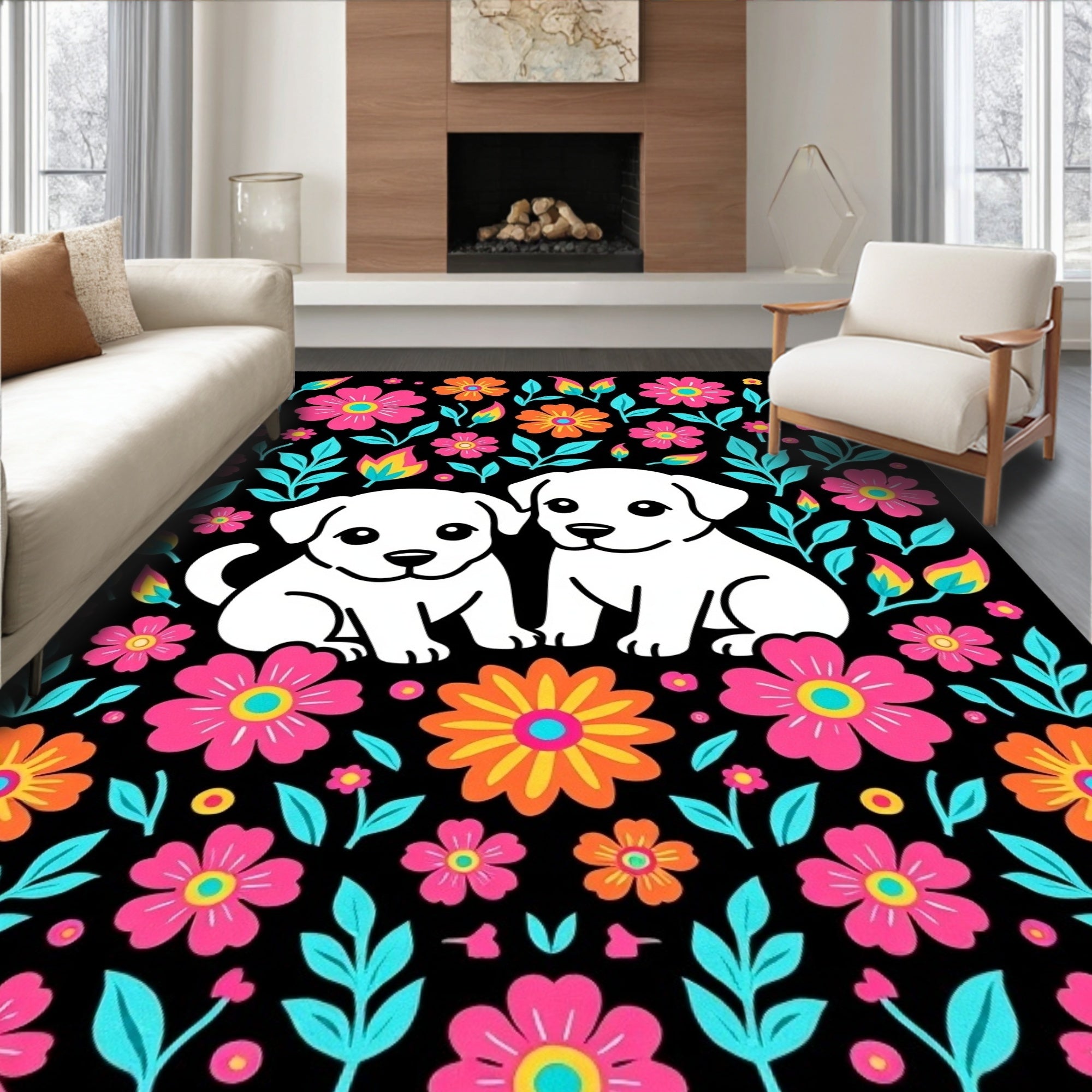 Bright Floral Dogs With Teal Accents Rug