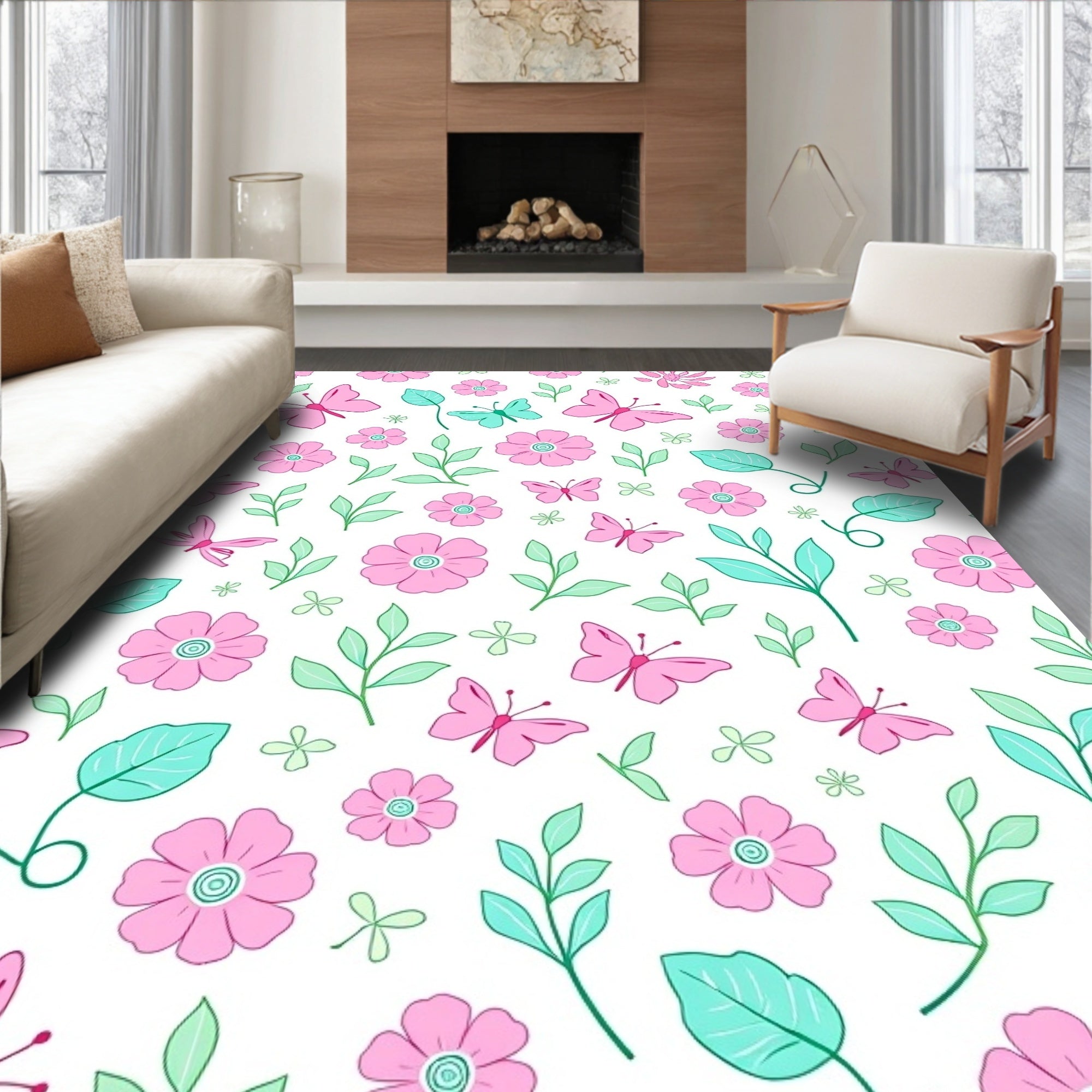 Whimsical Pink Butterfly Garden Rug
