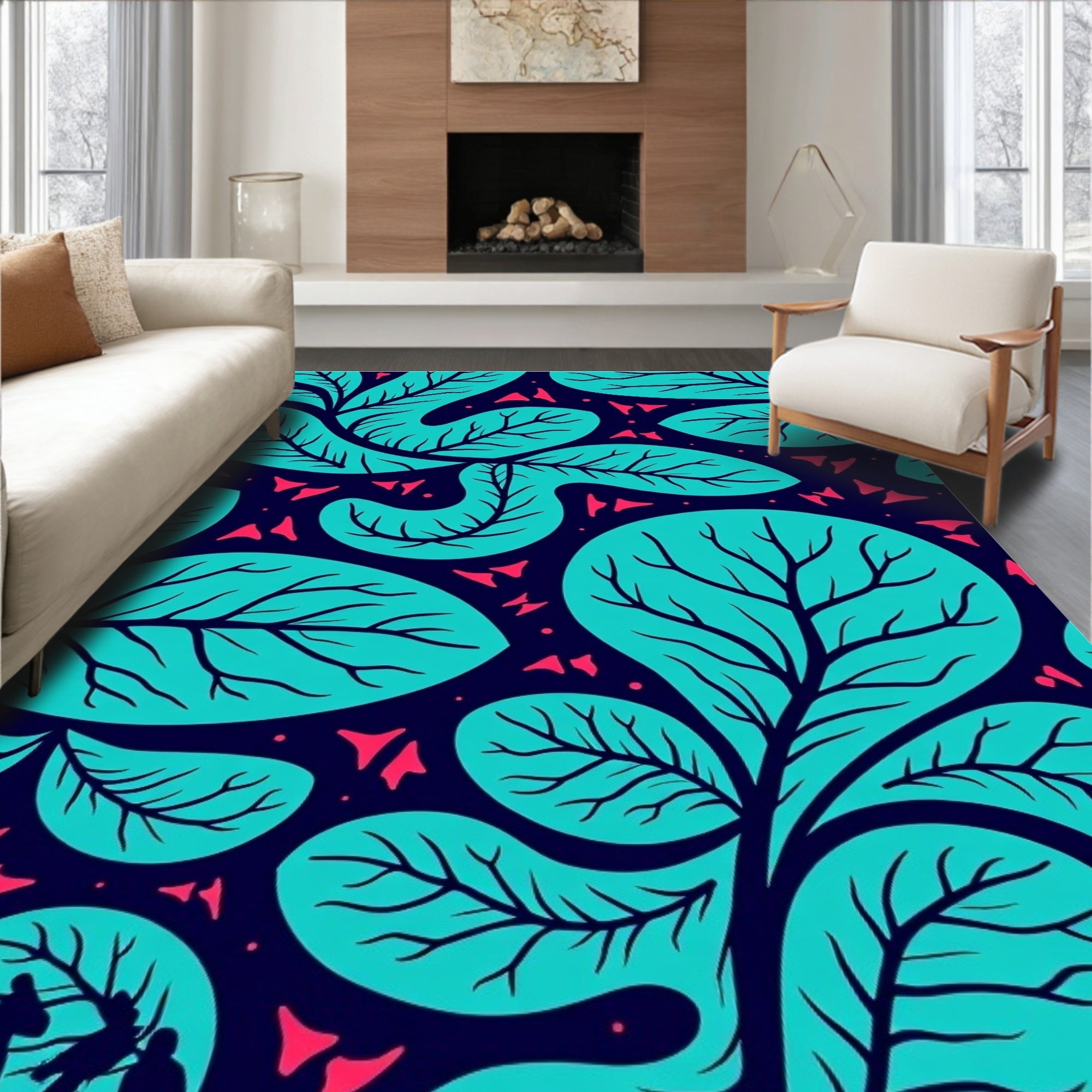 Teal Foliage With Coral Accents Rug