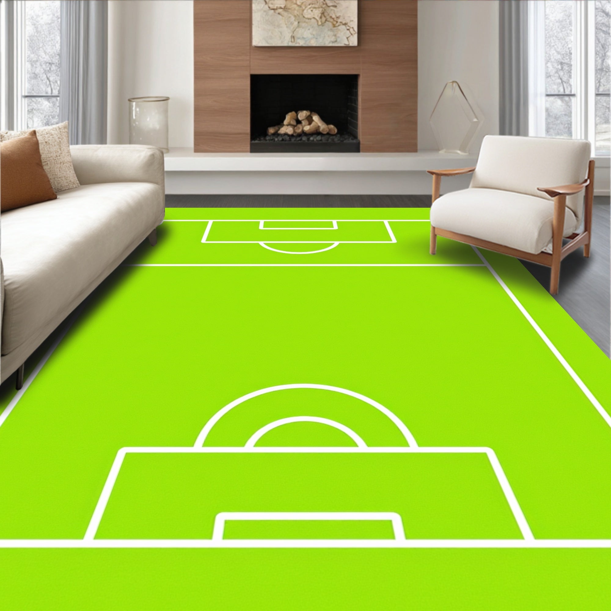 Lime Green Soccer Field Lines Rug