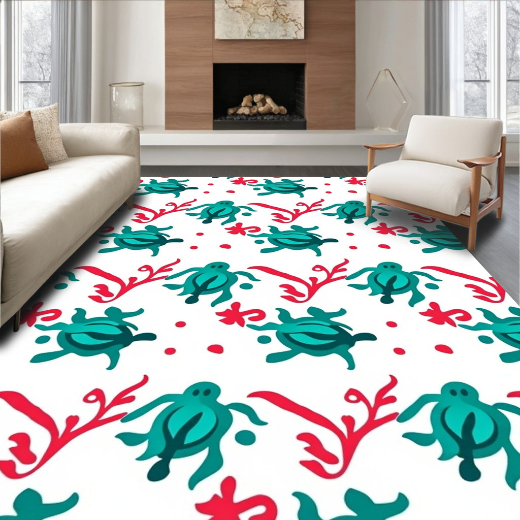 Teal Turtle Coral Red Dot Rug