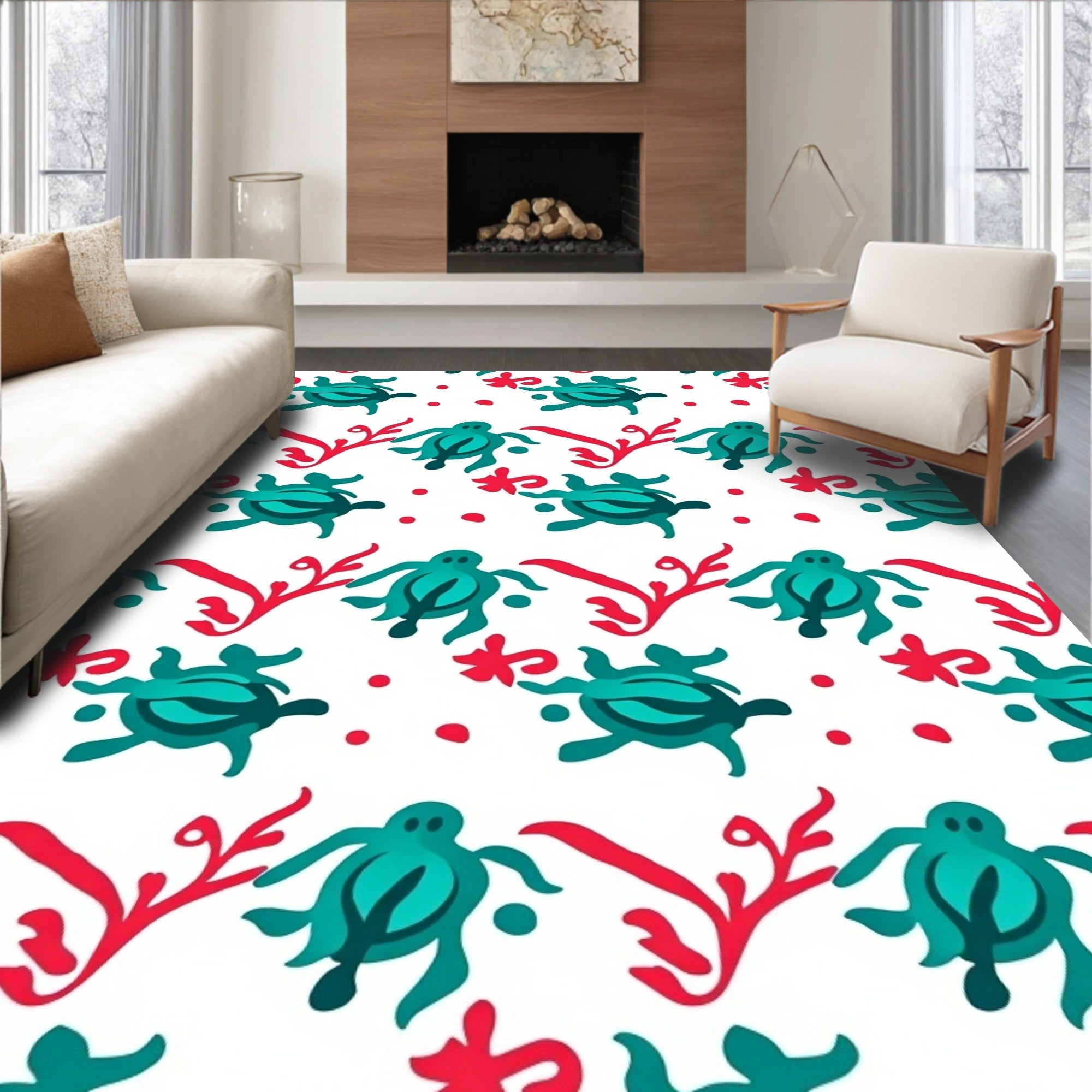 Teal Turtle Coral Red Dot Rug