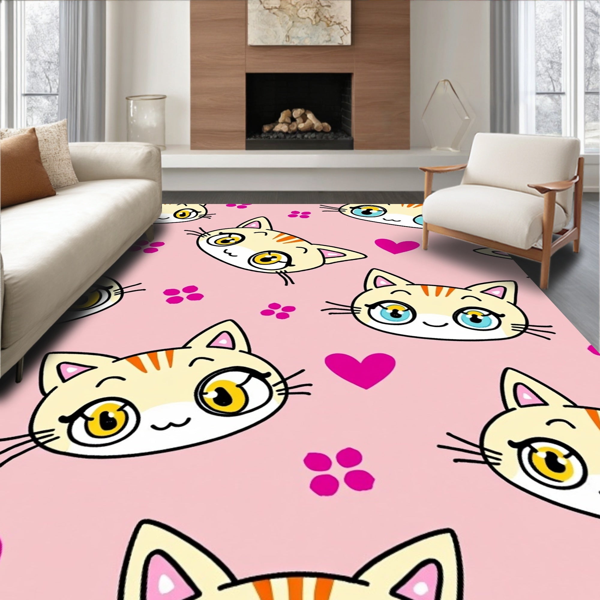 Cute Pink And Yellow Kitty Hearts Rug