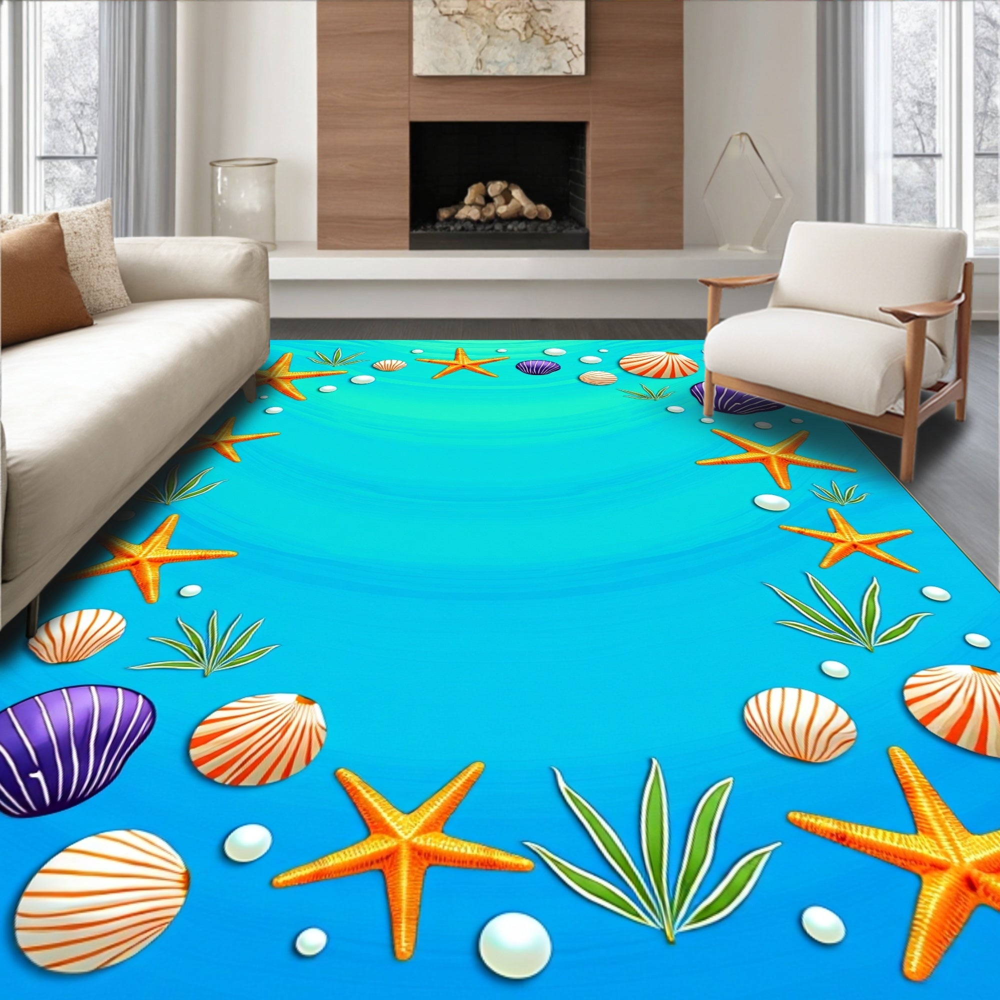 Orange Starfish Shells and Pearls Ocean Rug