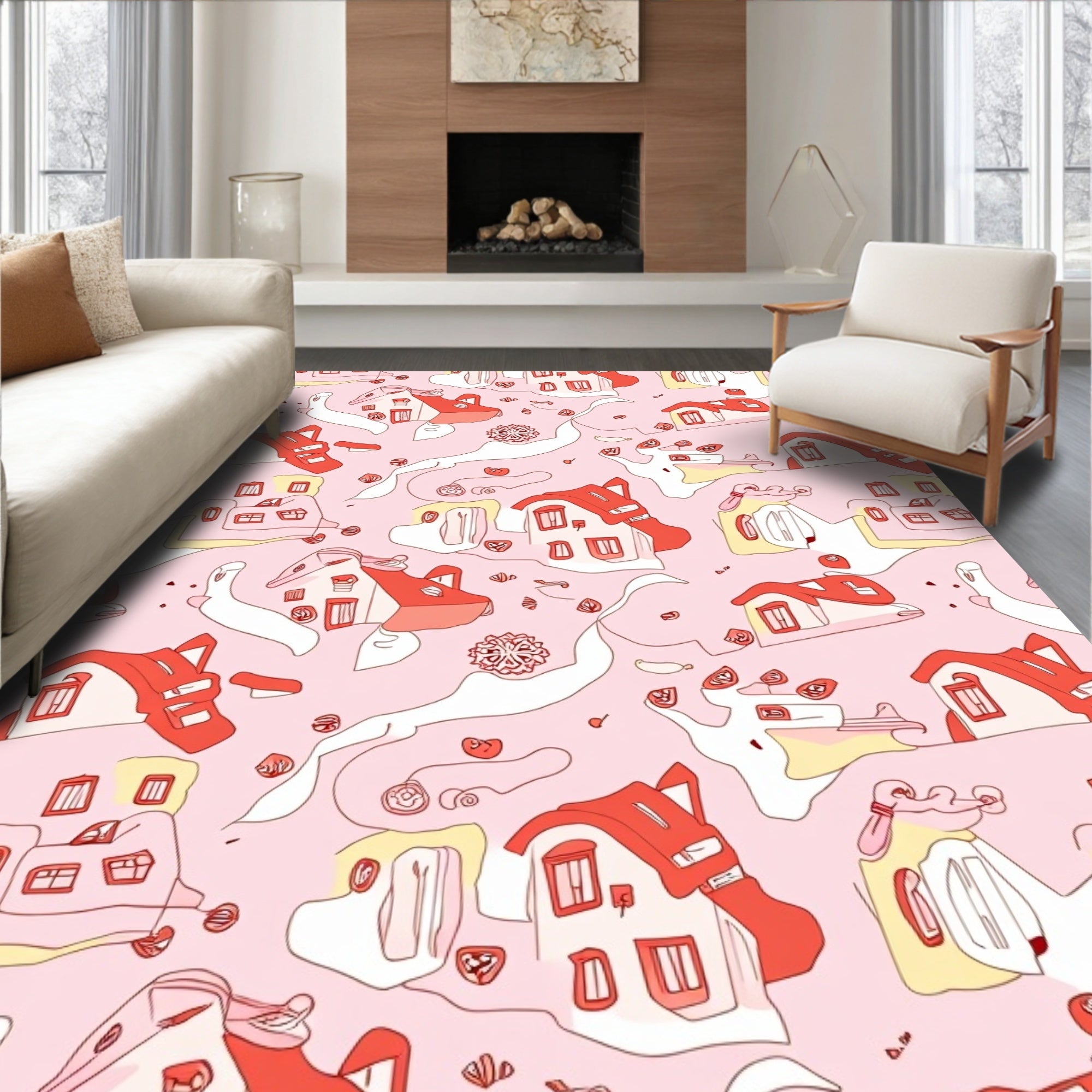 Whimsical Pink Houses Abstract Flow Rug