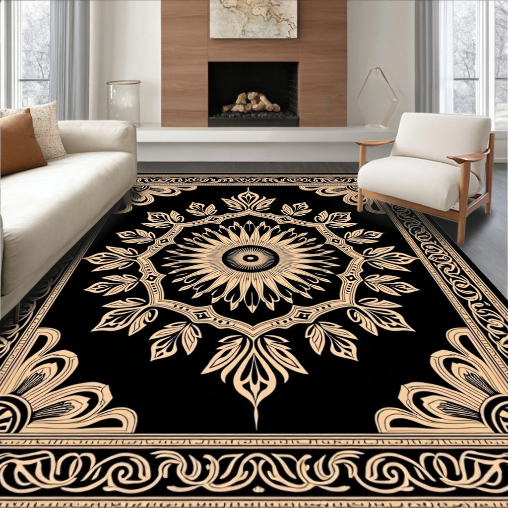 Black and Gold Sunburst Floral Medallion Rug