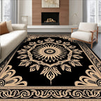 Black and Gold Sunburst Floral Medallion Rug