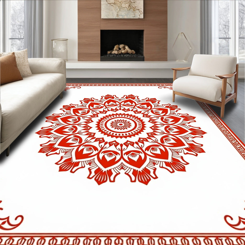 Bold Crimson Floral Medallion Frame Rug