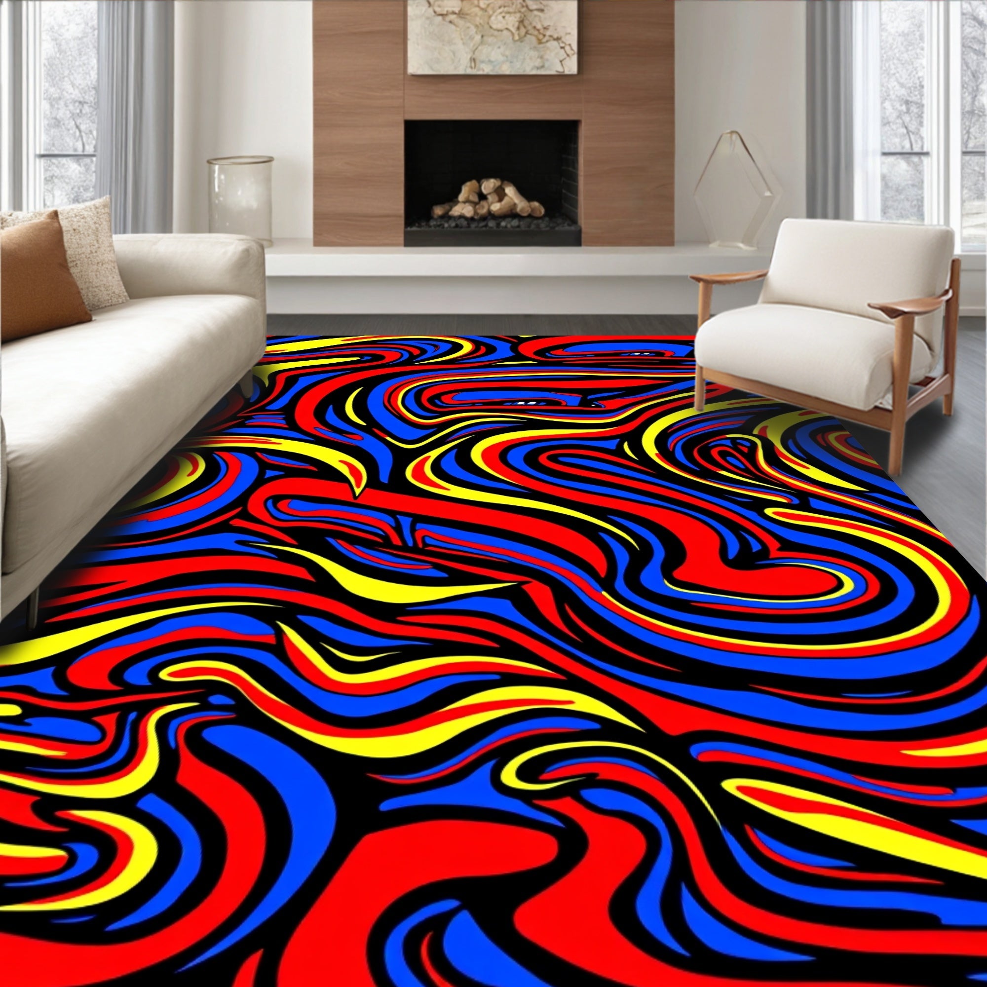 Bold Swirling Red Blue Yellow Abstraction Rug