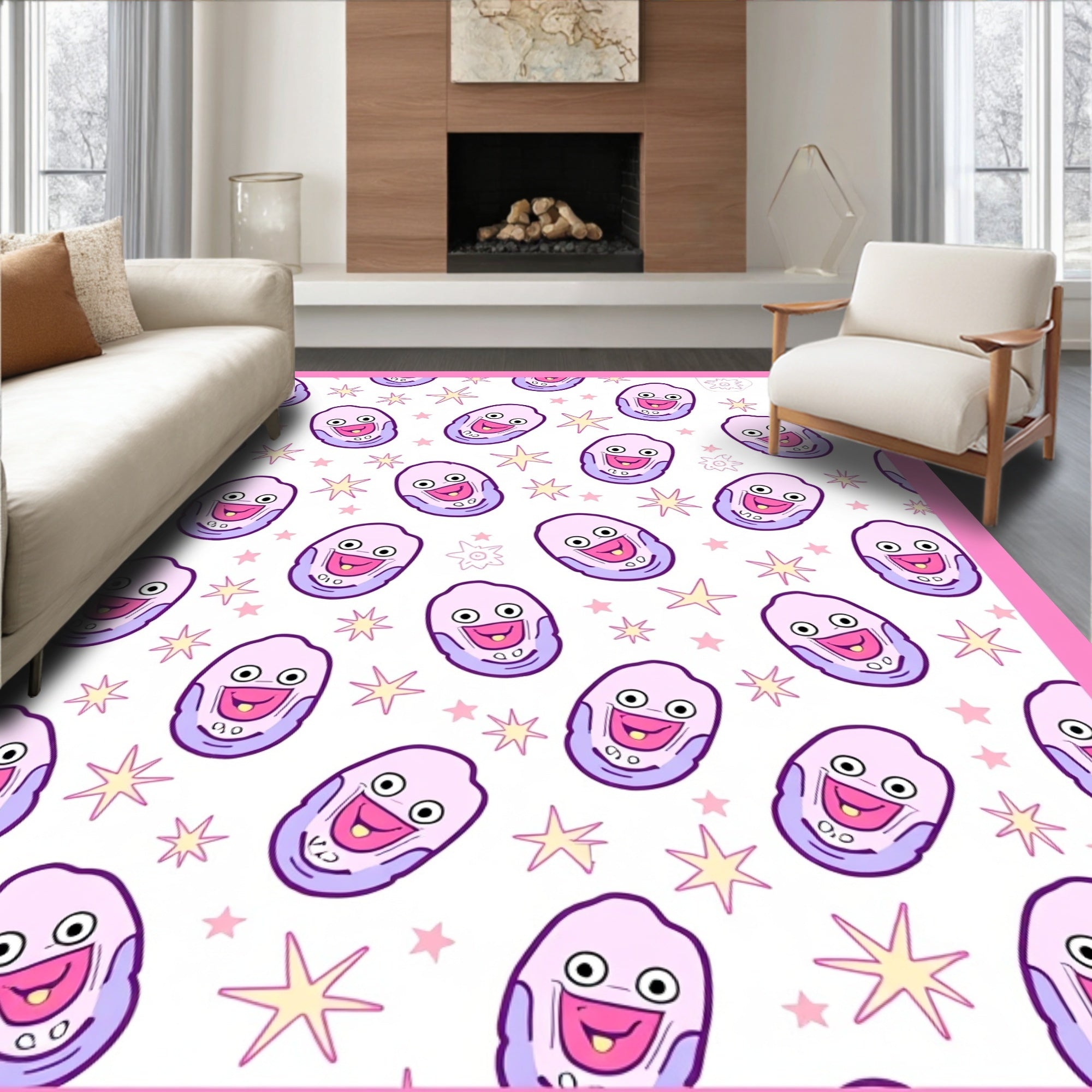 Playful Pink Character Starry Background Rug