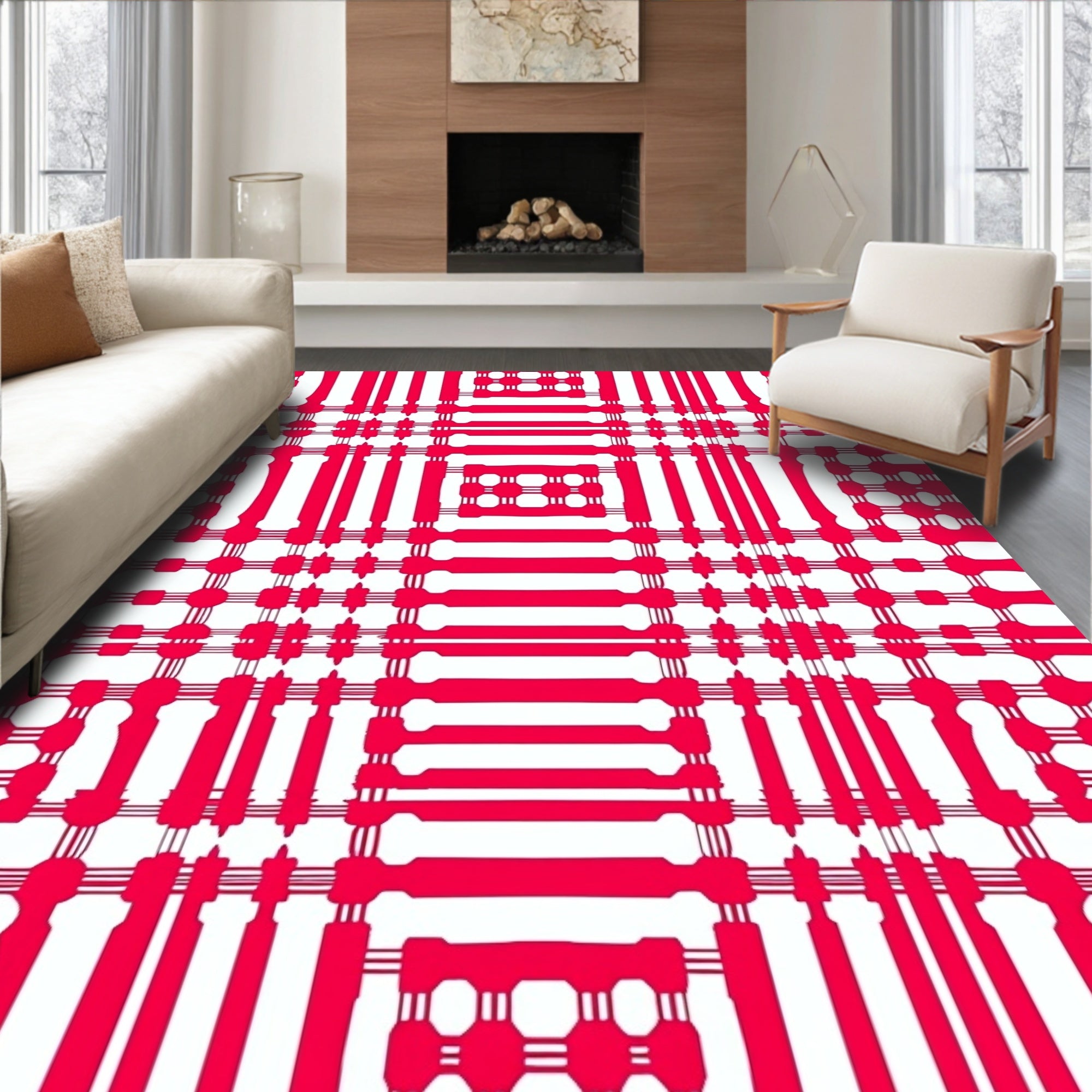 Bold Red White Grid Plaid Rug
