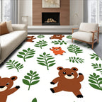 Playful Brown Bears Green Leaf Woodland Rug