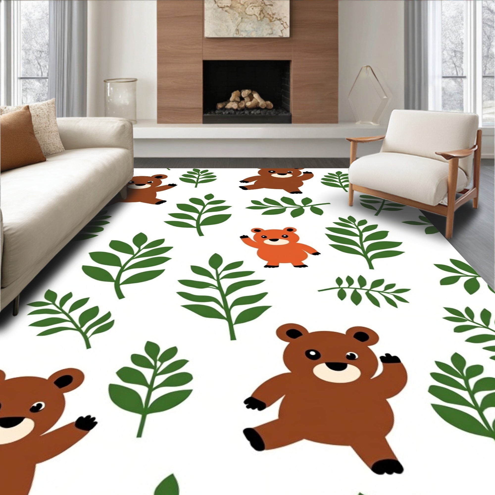 Playful Brown Bears Green Leaf Woodland Rug