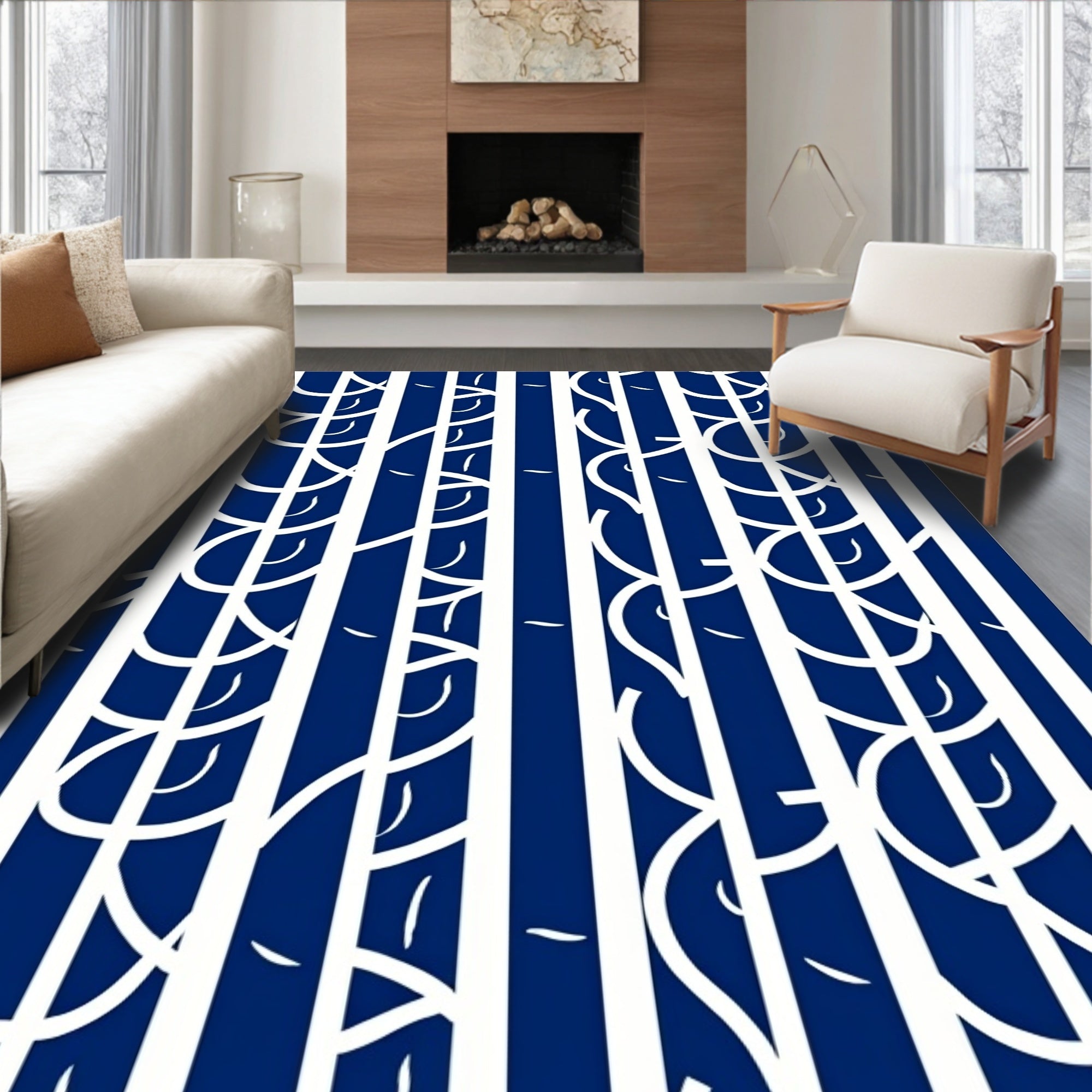Deep Blue White Abstract Vertical Stripes Rug