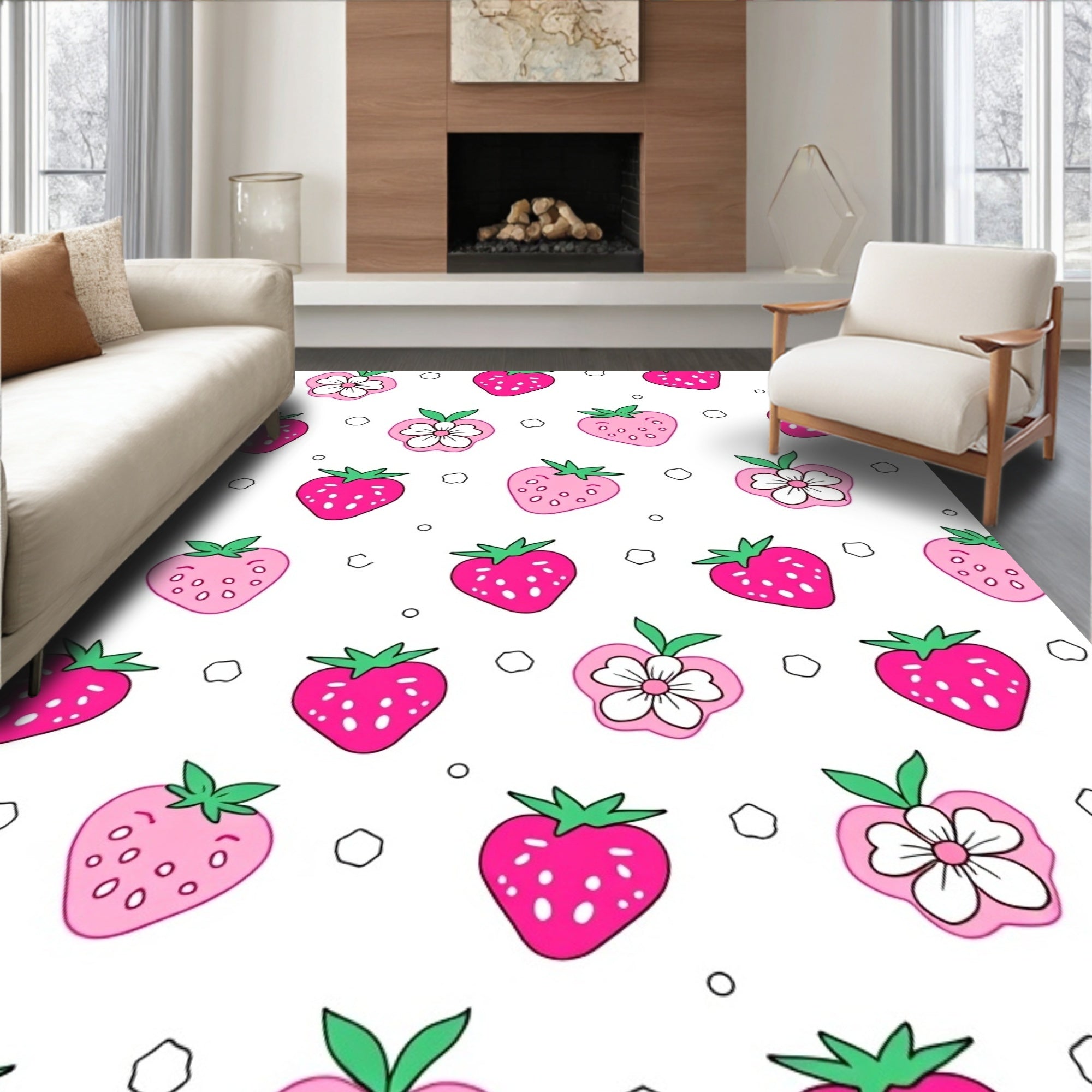 Pink Strawberry Flower Repeating Pattern Rug