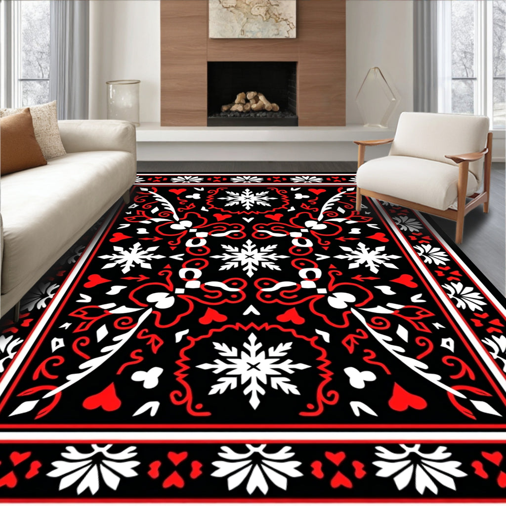 Bold Red Black Whimsical Snowflake Rug