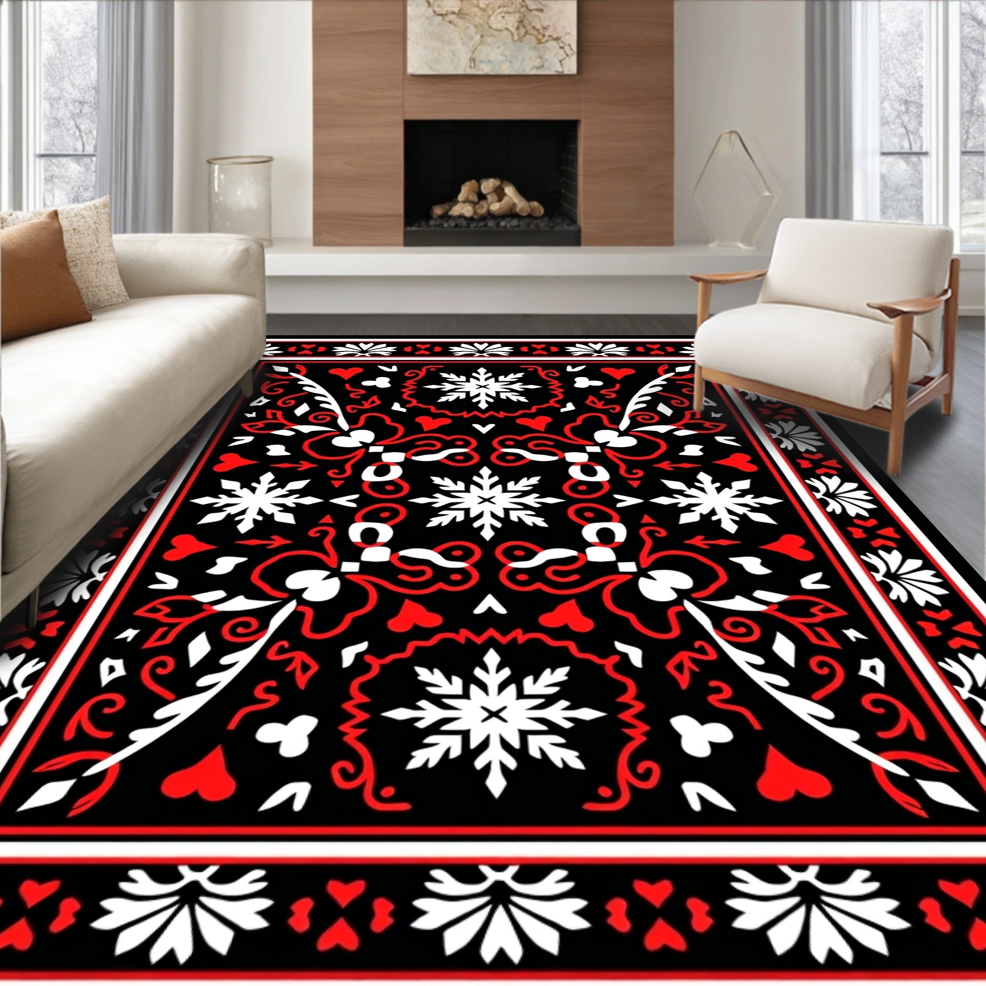 Bold Red Black Whimsical Snowflake Rug