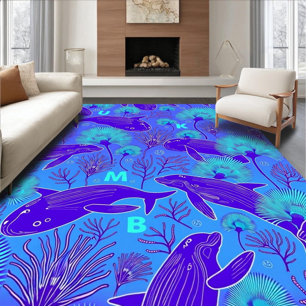Whimsical Indigo Dolphin Coral Scene Rug