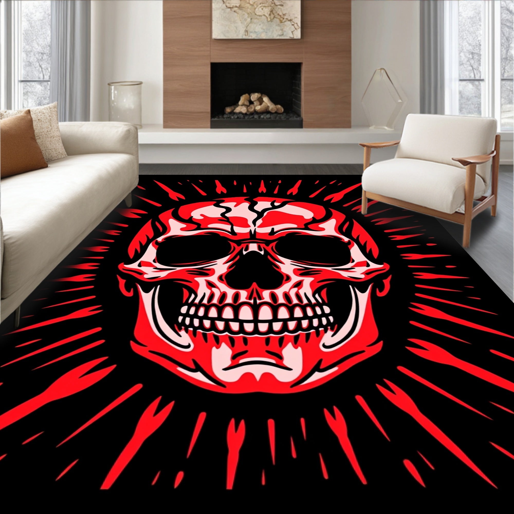 Crimson Skull Sunburst Rug