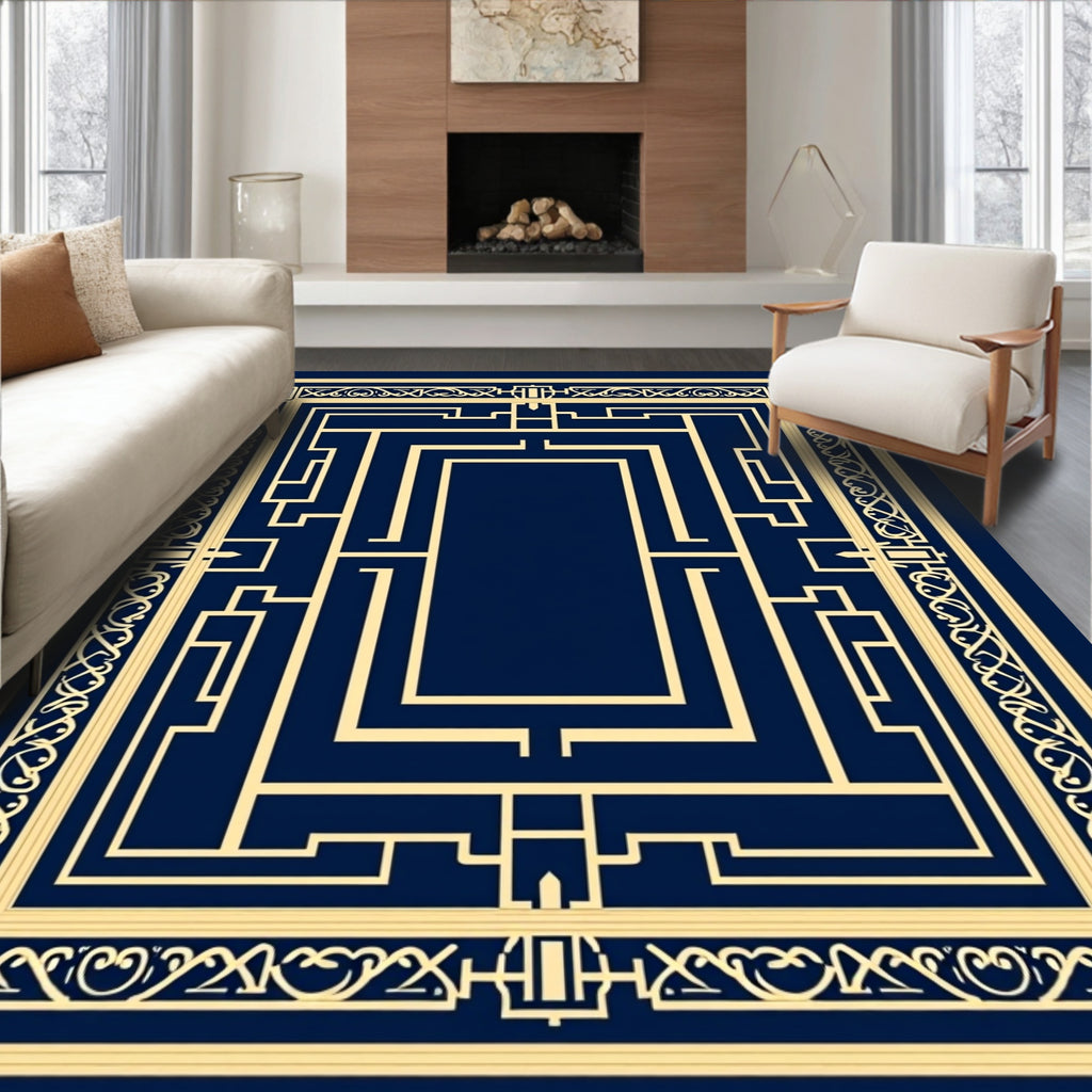 Deep Blue Geometric Art Deco Maze Rug