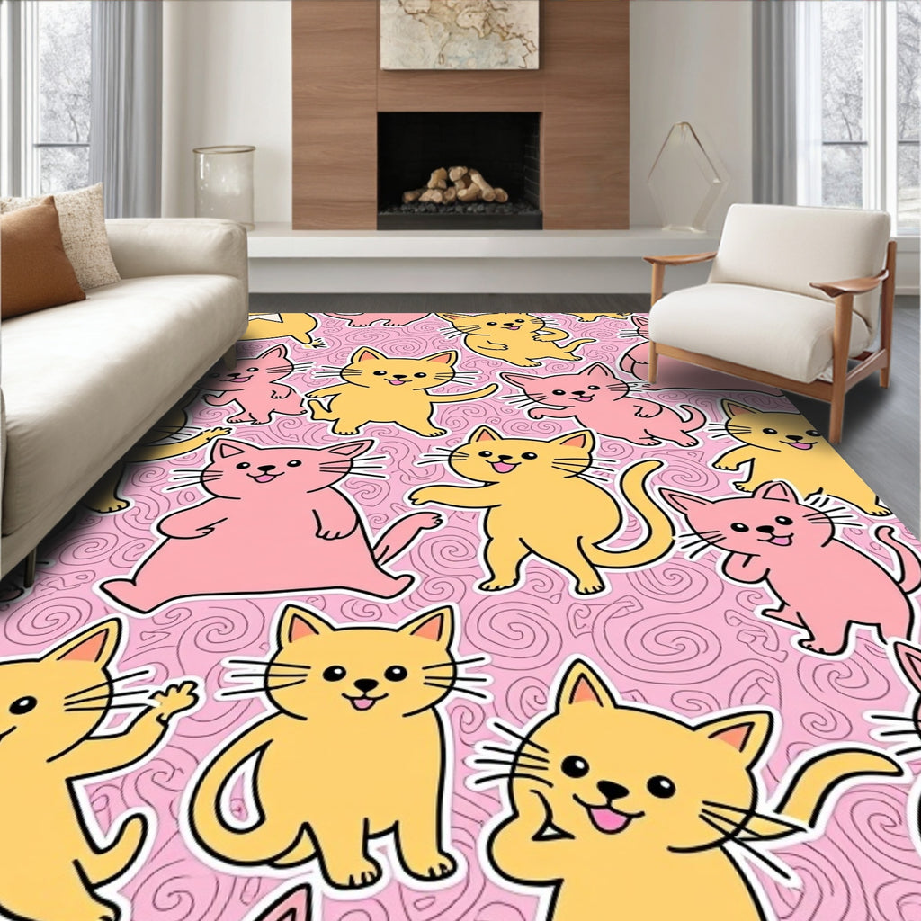 Pink Yellow Cheerful Kittens Swirl Rug