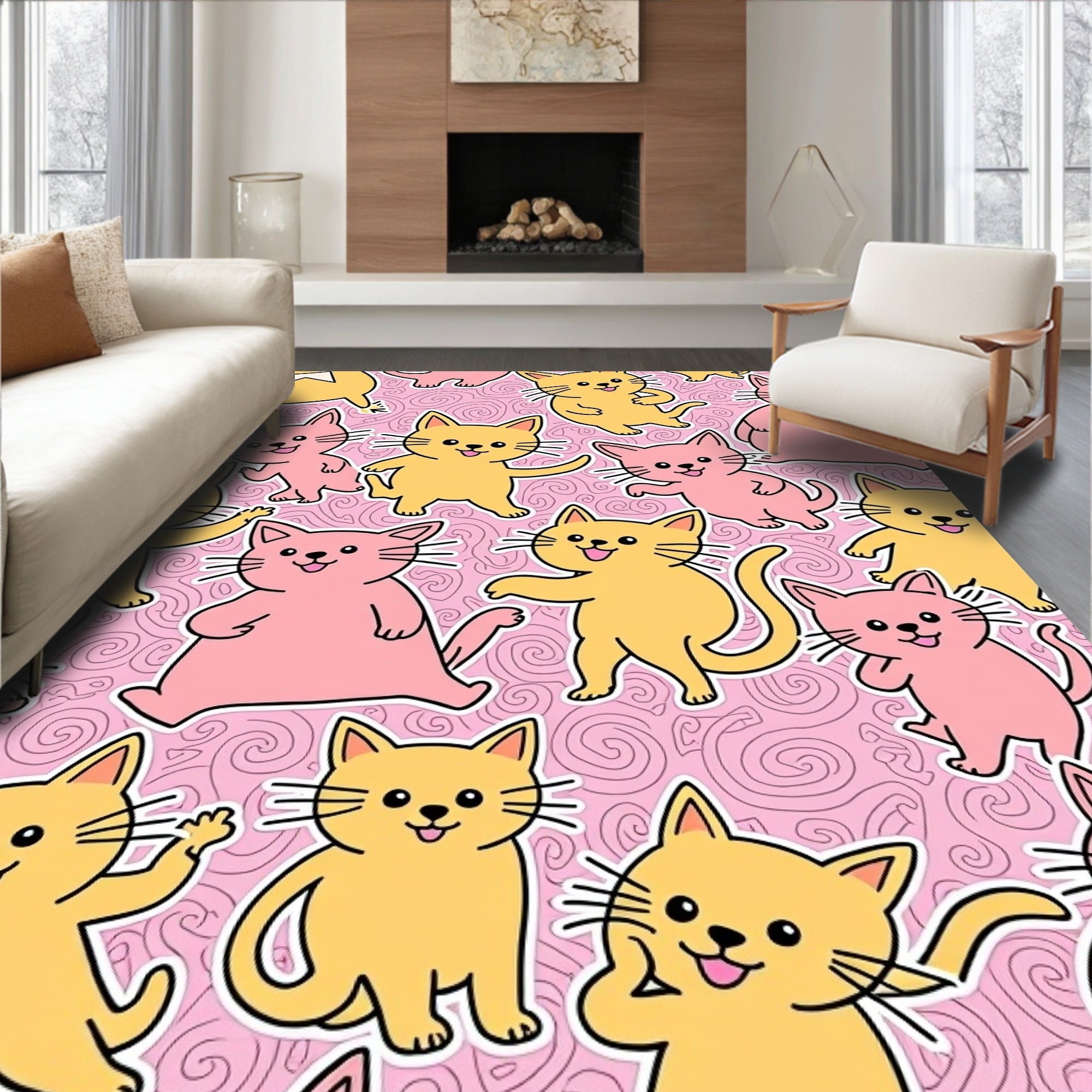 Pink Yellow Cheerful Kittens Swirl Rug