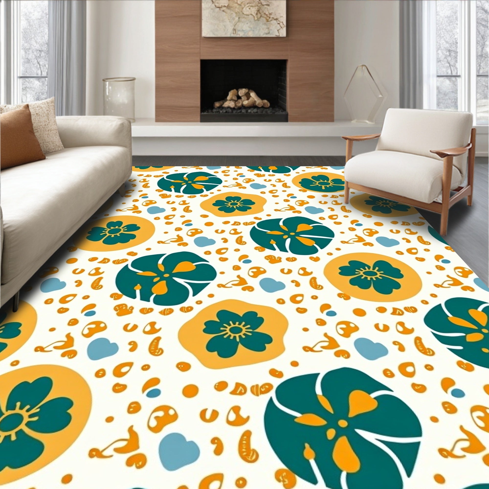 Whimsical Teal Yellow Floral Scatter Rug