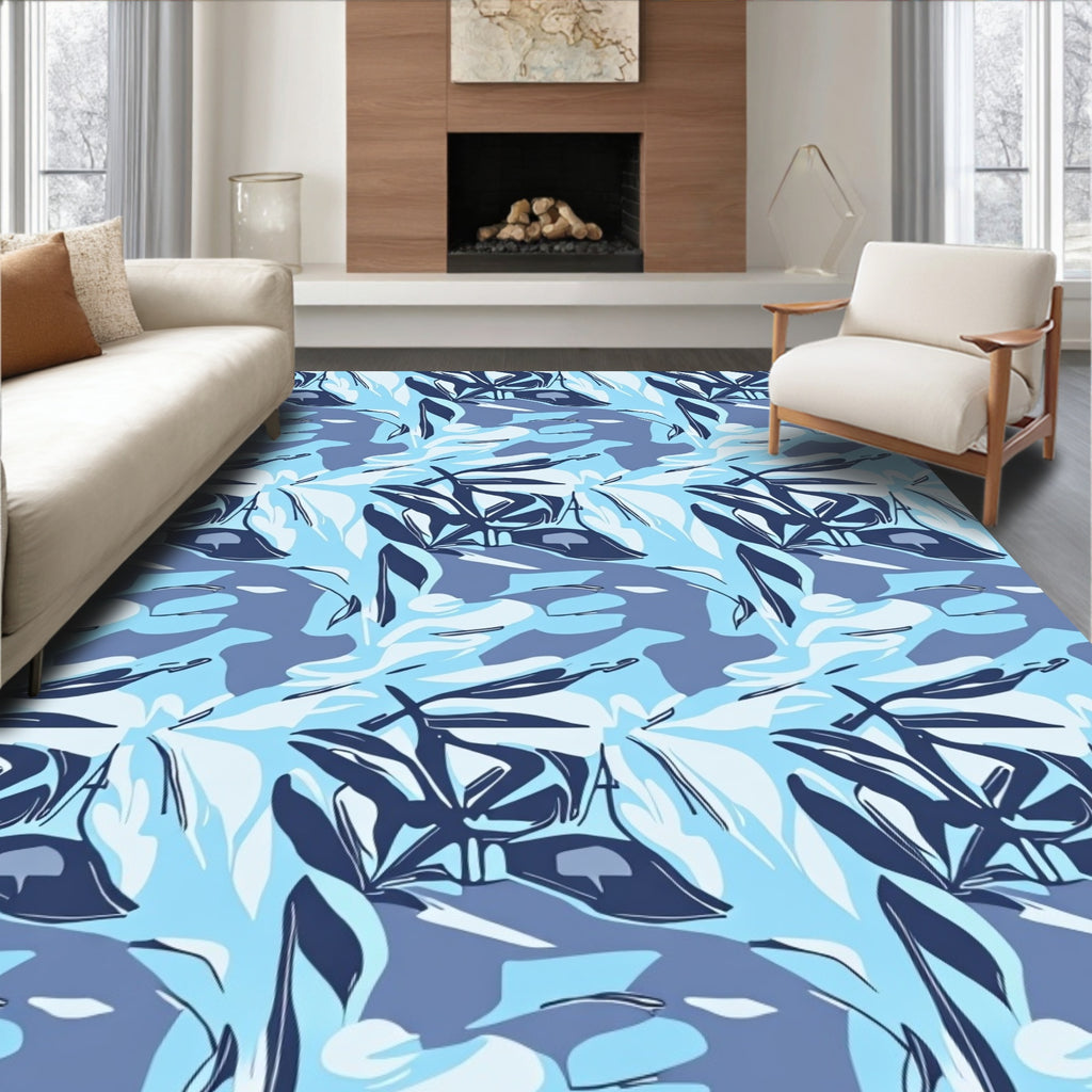 Cool Blue Leafy Camouflage Abstract Rug