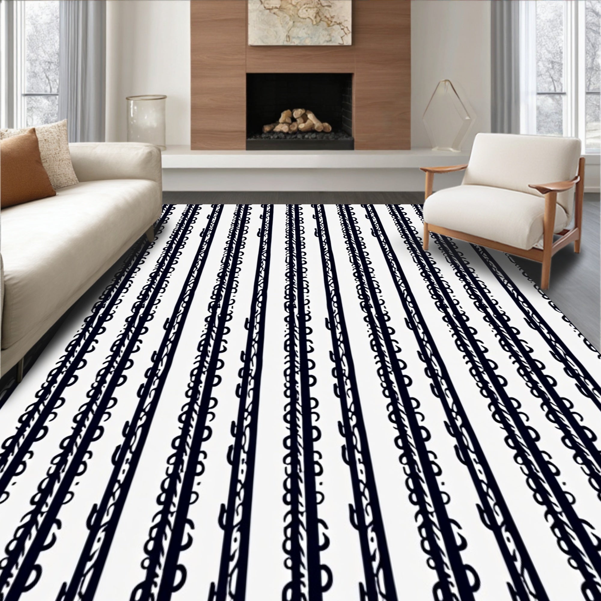 Navy White Vertical Abstract Stripe Rug