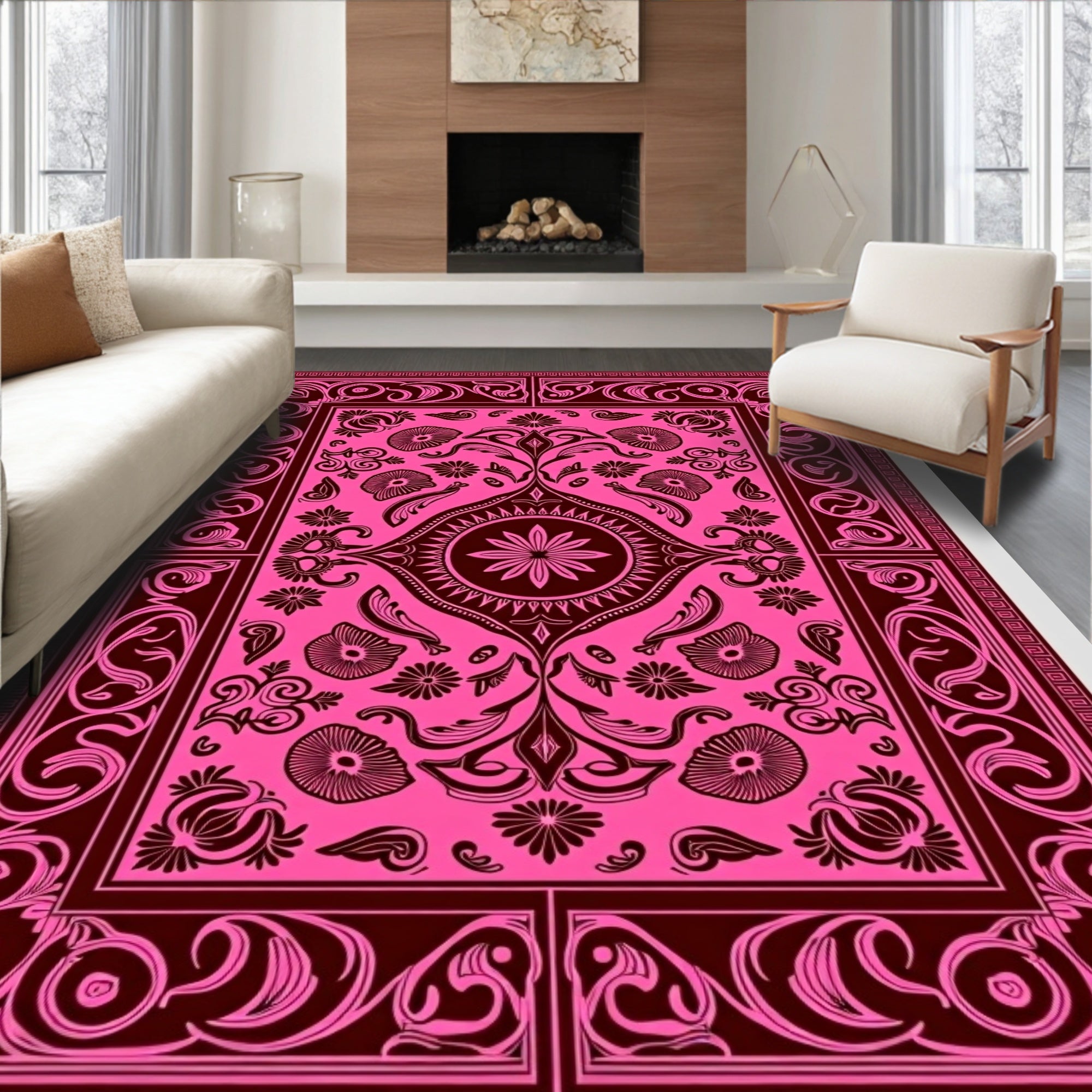 Vibrant Fuchsia Floral Medallion Border Rug