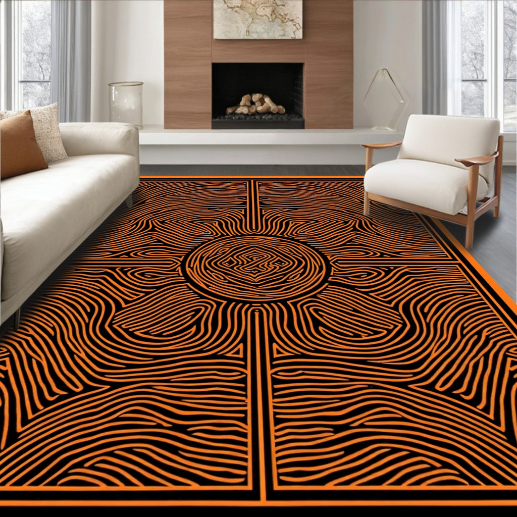 Ornate Orange Radial Waves Rug