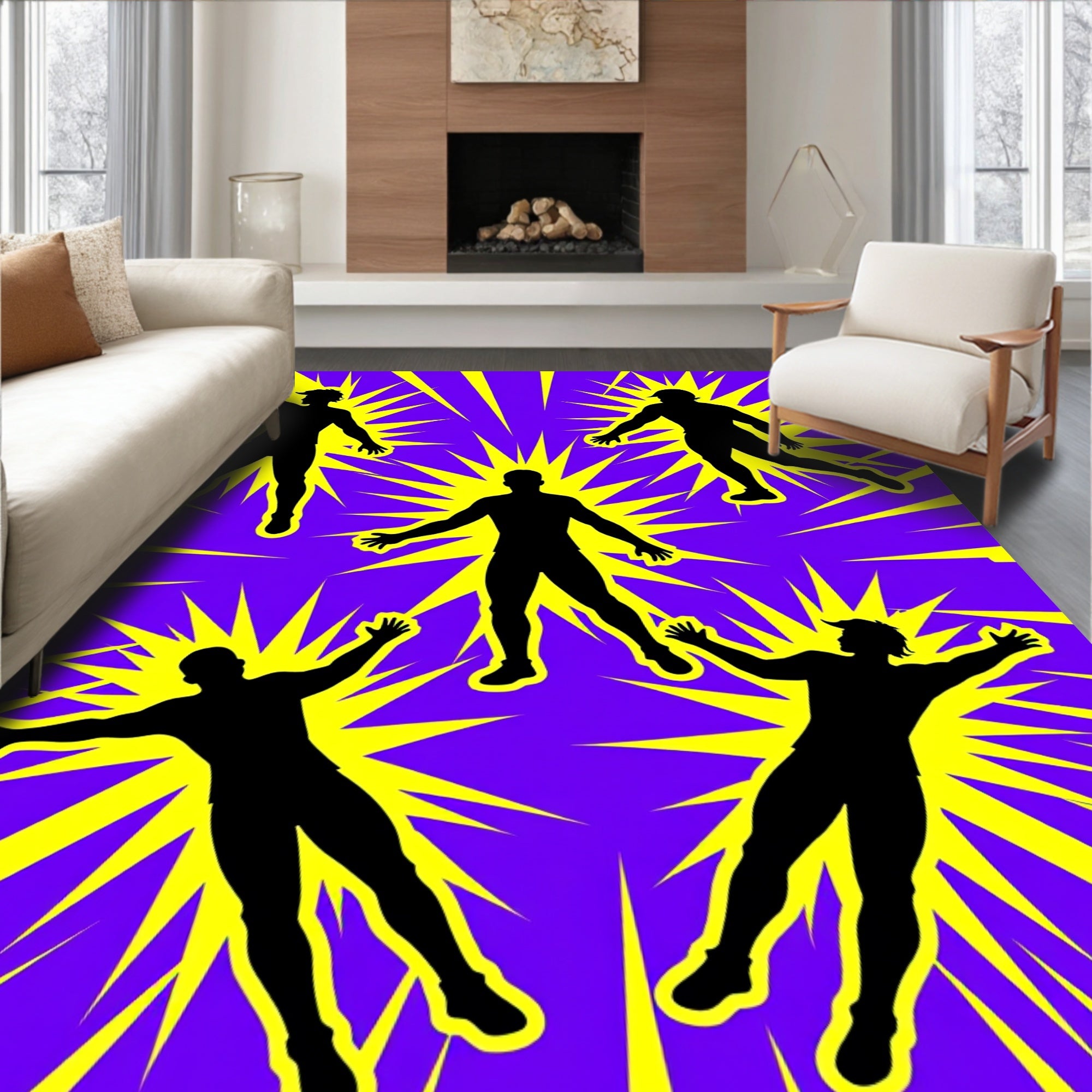 Energetic Purple Yellow Burst Figures Rug